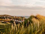 Gyldent græs i forgrunden indrammer en kystby med huse med røde tage ud til havet under en delvis overskyet himmel ved solnedgang.
