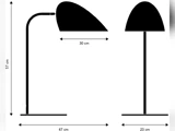 Sort silhuettegning af en bordlampe med følgende mål: 57 cm høj, 47 cm bred ved foden, 30 cm lang lampeskærm og 23 cm bred lampeskærm.