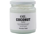 En glaskrukke med økologisk kokosolie med hvidt låg og en hvid etiket med teksten OIL COCONUT ORGANIC by Nicolas Vahé, 6.76 fl oz (200 ml).