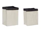 To rektangulære opbevaringskasser i beige stof med sorte kanter, en højere og en lavere, vist på en hvid baggrund.