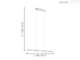 Minimalistisk pendel med fire rektangulære lamper, der hænger ned fra loftet. Højde: 1100 mm (43,31 in), længde: 780 mm (30,71 in). Målene er vist på billedet.