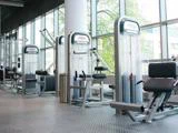 Et moderne fitnesscenter med store vinduer, træningsmaskiner og vægtudstyr pænt arrangeret på et rent, gråt, struktureret gulv.