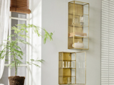 To væghængte vitrineskabe i glas og messing med glas og dekorationer ved siden af en stor potteplante ved et vindue med naturligt lys.