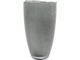 En høj, grå, matteret glasvase med en ru, uregelmæssig topkant og en glat, cylindrisk krop.
