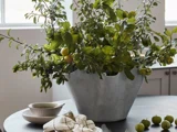 En metalvase med grønne grene og umodne æbler står på et bord, der er dækket med skåle, en stofserviet og spredte små grønne frugter.