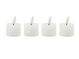 Fire hvide, flammeløse LED-telys med hvide, flammeformede toppe, der står på række på en hvid baggrund.