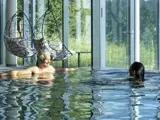To personer slapper af i en indendørs pool ved siden af store vinduer med udendørs udsigt; hængestole ses i baggrunden.