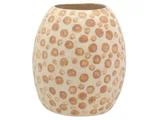 Cremefarvet, oval keramikvase med et mønster af uregelmæssige brune polkaprikker, der dækker overfladen.