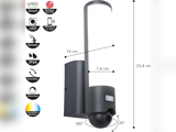 Smart udendørs væglampe med en cylindrisk LED-lampe, bevægelsessensor, justerbare og dæmpbare indstillinger, kamera og mærkede mål: 33,4 cm høj, 14 cm dyb, 7,6 cm bred, 180° synsvinkel.