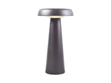 En moderne, mørkegrå bordlampe med en bred, flad top og en høj, tilspidset cylindrisk fod, fotograferet mod en almindelig hvid baggrund.