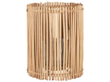 En cylindrisk lampeskærm lavet af lodrette træpinde med mellemrum mellem dem, hvilket giver et rustikt og naturligt look.