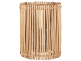 En cylindrisk lampeskærm lavet af lodrette træpinde med mellemrum mellem dem, hvilket giver et rustikt og naturligt look.