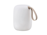 En hvid, afrundet, moderne transportabel lampe med en glat overflade og et beige bærehåndtag på siden.