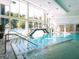 Indendørs swimmingpool med klart vand, en lille bro henover, store vinduer, der lukker sollys ind, og udsigt til træer og huse udenfor.