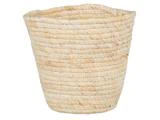 En rund, vævet, lys kurv med en bred åbning og let tilspidsede sider, lavet af naturlige fibre.