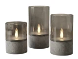 Nordic Flame, Outdoor, LED-lys, Grå, Glas, Sæt m. 3 stk., Dia:8xH:10 & Dia:8xH:12,5 & Dia:8xH:15 cm