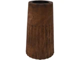 En høj, cylindrisk trævase med en mørkebrun finish og lodrette riller langs den nederste halvdel.