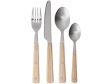 Fire stykker bestik - gaffel, kniv, spiseske og teske - hver med en top af rustfrit stål og et håndtag af lyst træ med tre metalnitter vises side om side.