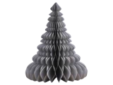 En skulpturel, grå honningkagedekoration af papir formet som et juletræ, vist mod en almindelig hvid baggrund.