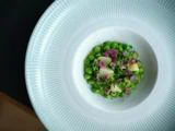 En gourmetret med grønne ærter, mikrogrønt, spiselige blomster og små kartoffelstykker er kunstfærdigt arrangeret i en hvid, struktureret skål.