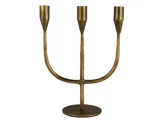 En trearmet lysestage i messing med en rund base og minimalistisk design, velegnet til at holde tre lys.