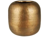 En høj, afrundet guldmetallisk vase med en struktureret, mønstret overflade og en bred åbning i toppen.