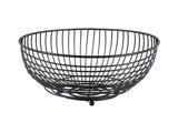 En rund frugtkurv i sort metaltråd med et åbent gitterdesign og en lille cirkulær bund.