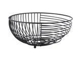 En rund, sort frugtkurv af ståltråd med et åbent design, der hviler på en lille cirkulær base, fotograferet mod en hvid baggrund.