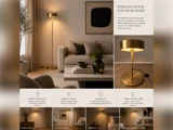 Collage, der viser en gulvlampe i messing i en stue, et læsehjørne og et soveværelse, ledsaget af en tekst, der beskriver lampens minimalistiske design og alsidige anvendelsesmuligheder.