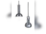 Håndtegnede skitser af en moderne hængende pendel, vist fra siden og oppefra, med skygger for at indikere metallisk tekstur.