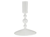 Lysestage i klart glas med en bred, rund base og en stilk med tre afrundede buler.