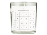Et glaslys med en hvid etiket, der viser en nummereret kalender fra 1 til 24 og ordene Merry Christmas øverst.