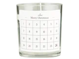 Et glaslys med en hvid etiket, der viser en nummereret kalender fra 1 til 24 og ordene Merry Christmas øverst.