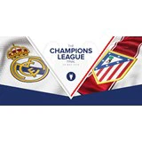Champions League-finale 2016-grafik med Real Madrids og Atlético Madrids våbenskjolde på hver side og kampdatoen, 28. maj 2016, i midten.