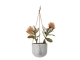 Keramisk hængeplante med brun snor, der holder to tørrede gule blomster og grønne blade, isoleret på en hvid baggrund.