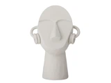 Hvid, abstrakt skulptur af et menneskehoved med minimale ansigtstræk og store, runde hovedtelefoner.
