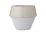 En beige og hvid keramikvase med bred top og smal bund, der har en subtil struktureret og glaseret finish.