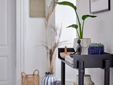 Et sort konsolbord med bøger, en lille plante, en dekorativ figur og anden indretning står op ad en hvid væg; høje tørrede planter og en stribet vase står i baggrunden.
