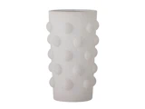 Høj, cylindrisk hvid vase med en mat finish og hævede, jævnt fordelte runde buler, der dækker overfladen.