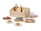 Morgenmadssæt af træ med en kasse, legetøjsæg, pølser, fisk, bøf, bacon og spejlæg, alt sammen fremstillet af malet træ.