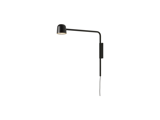 En moderne sort væghængt lampe med en buet arm og en nedadvendt skærm, tilsluttet en væg med en synlig ledning, mod en hvid baggrund.