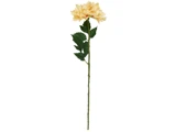 En enkelt langstilket gul kunstig blomst med grønne blade, vist på en hvid baggrund.