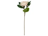 En enkelt lyserød kunstig blomst med lagdelte kronblade, grønne blade og en lang brun stilk på en hvid baggrund.