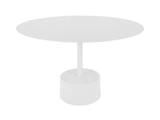 Et moderne, rundt hvidt bord med en enkelt central piedestal og en cylindrisk base, der står på en almindelig hvid baggrund.