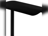 Minimalistisk nærbillede af en moderne sort lampe med en flad, rektangulær skærm og et tyndt, lodret stativ på en hvid baggrund.