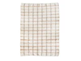 Et rektangulært, hvidt håndklæde med et beige og lysebrunt ternet mønster på en hvid baggrund.