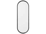 Et højt, vertikalt orienteret ovalt spejl med en tynd, sort ramme på en almindelig hvid baggrund.