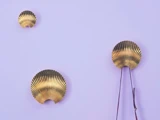 Tre guldfarvede, vifteformede knager er monteret på en lyslilla væg; to er små, og en er stor med ting hængende fra den.