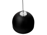 En sort kuppelformet pendel hænger fra en tynd sort ledning med en klar cirkulær vedhæftning i toppen.