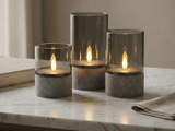 Nordic Flame, Outdoor, LED-lys, Grå, Glas, Sæt m. 3 stk., Dia:8xH:10 & Dia:8xH:12,5 & Dia:8xH:15 cm
